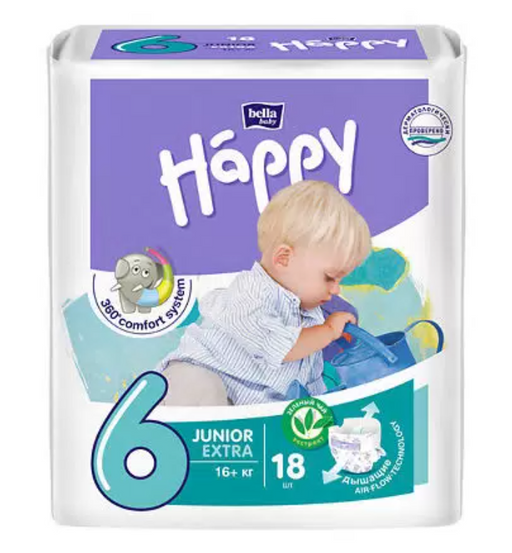 Bella Baby Happy Junior Extra 6 Подгузники детские, 16+ кг, 18 шт.